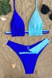 Blaue sexy Patchwork-Bandage, rückenfrei, Kontrast-Badebekleidung (mit Polsterungen)
