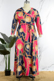 Rose Red Sexy Print Bandage Patchwork V Neck Straight Plus Size Dresses
