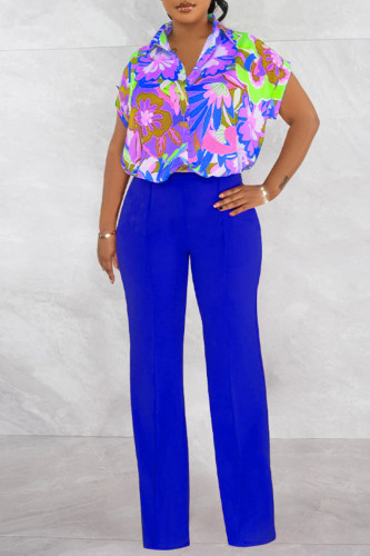 Colorful Blue Casual Print Patchwork Buckle Turndown Collar Short Sleeve Two Pieces