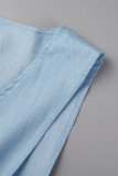 Blusas casuais lisas azuis patchwork com decote em V