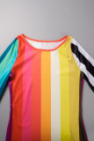 Multicolor Casual Striped Print Tassel O Neck Irregular Dress Dresses
