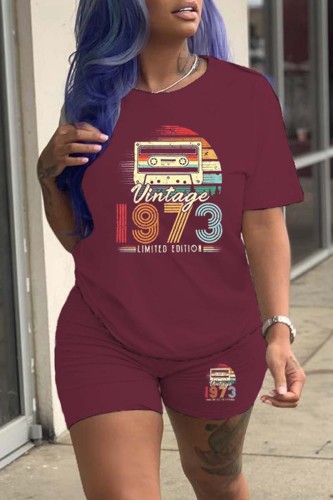 Burgundy Casual Print Basic O Neck Short Sleeve Two Pieces