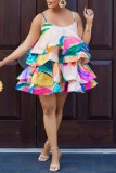 Multicolore Sexy Casual Print Patchwork Backless Spaghetti Strap Cake Jupe Robes
