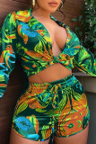 Green Casual Work Street Print Frenulum V Neck Long Sleeve Two Pieces Blouse Crop Tops And Shorts Set