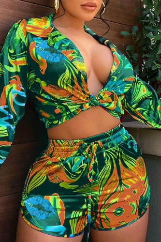 Tangerine Red Casual Work Street Print Frenulum V Neck Long Sleeve Two Pieces Blouse Crop Tops And Shorts Set