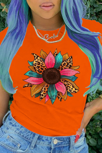 Camisetas con cuello en O de patchwork con estampado diario naranja