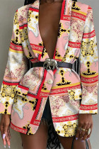 Prendas de abrigo de cuello vuelto con botones estampados elegantes de trabajo informal rosa claro (con cinturón)