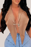 Red Sexy Casual Work Solid Patchwork Backless Asymmetrical Turn-back Collar High Waist Tops(With Brooch)
