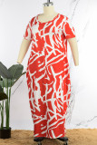 Rode casual print Basic O-hals jurk met korte mouwen Grote maten jurken