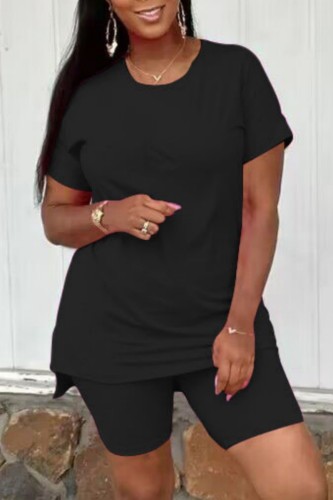 Black Casual Solid Slit O Neck Short Sleeve Two Pieces T-shirt Tops And Short Set