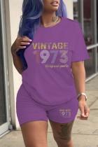Purple Casual Print Basic O Neck Short Sleeve Two Pieces
