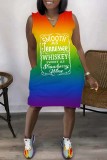 Multicolor Rainbow Casual Gradual Change Ombre Print Basic V Neck Sleeveless Tank Mini Dresses