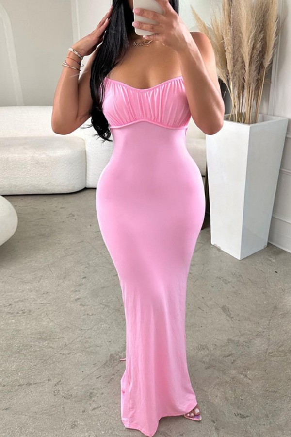 Pink Sexy Solid Bandage Backless Spaghetti Strap Lange Kleider