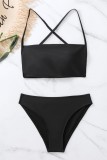 Black Sexy Solid Backless Cross Straps Swimwears (With Paddings)