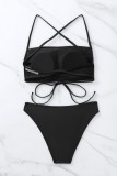Black Sexy Solid Backless Cross Straps Swimwears (With Paddings)