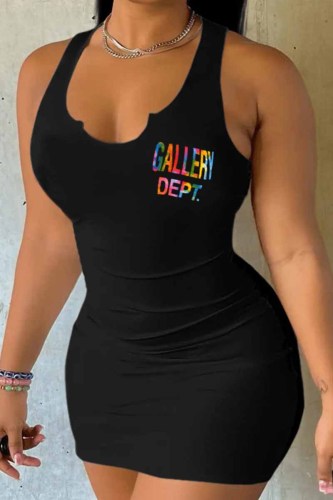 Black Sexy Street Print Letter U Neck One Step Skirt Dresses
