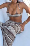 Coffee Sexy Patchwork Bandage Backless Halter Sleeveless Two Pieces