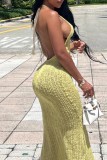 Yellow Sexy Solid Bandage Backless Halter Long Dress Dresses