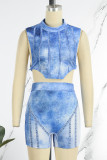 Blue Casual Street Print Bandage Patchwork Asymmetrical O Neck Sleeveless Two Pieces