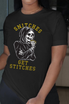 Schwarze Street Daily Print T-Shirts mit Totenkopf-Patchwork-Buchstabe und O-Ausschnitt