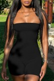 Black Sexy Casual Solid Backless Strapless Skinny Romper