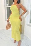 Yellow Sexy Solid Bandage Backless Halter Long Dress Dresses