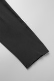 ブラック カジュアル プリント 包帯パッチワーク ターンダウン カラー A ライン ドレス