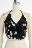 Black Sexy Casual Patchwork Bandage Sequins Backless Halter Tops