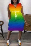 カラー カジュアル 段階的変化 プリント ベーシック V ネック ノースリーブ ドレス ドレス