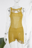 Желтые сексуальные однотонные облегающие комбинезоны с открытой спиной и круглым вырезом в стиле пэчворк