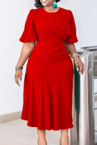 Rote, elegante, einfarbige Patchwork-Kleider mit O-Ausschnitt und A-Linie