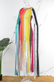 Многоцветный повседневный полосатый принт с кисточками и круглым вырезом Нерегулярные платья Платья