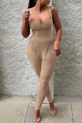 Khaki Sexy Solid Backless Asymmetrical Spaghetti Strap Sleeveless Two Pieces Cami Tops And Pants Sets
