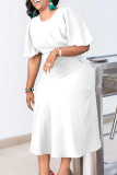 Weiße, elegante, einfarbige Patchwork-Kleider mit O-Ausschnitt und A-Linie