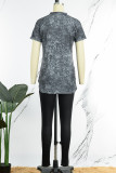 Green Casual Print Basic O Neck Short Sleeve Two Pieces T-shirts Tops And Skinny Pants Sets