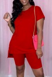 Rose Red Casual Solid Slit O Neck Short Sleeve Two Pieces