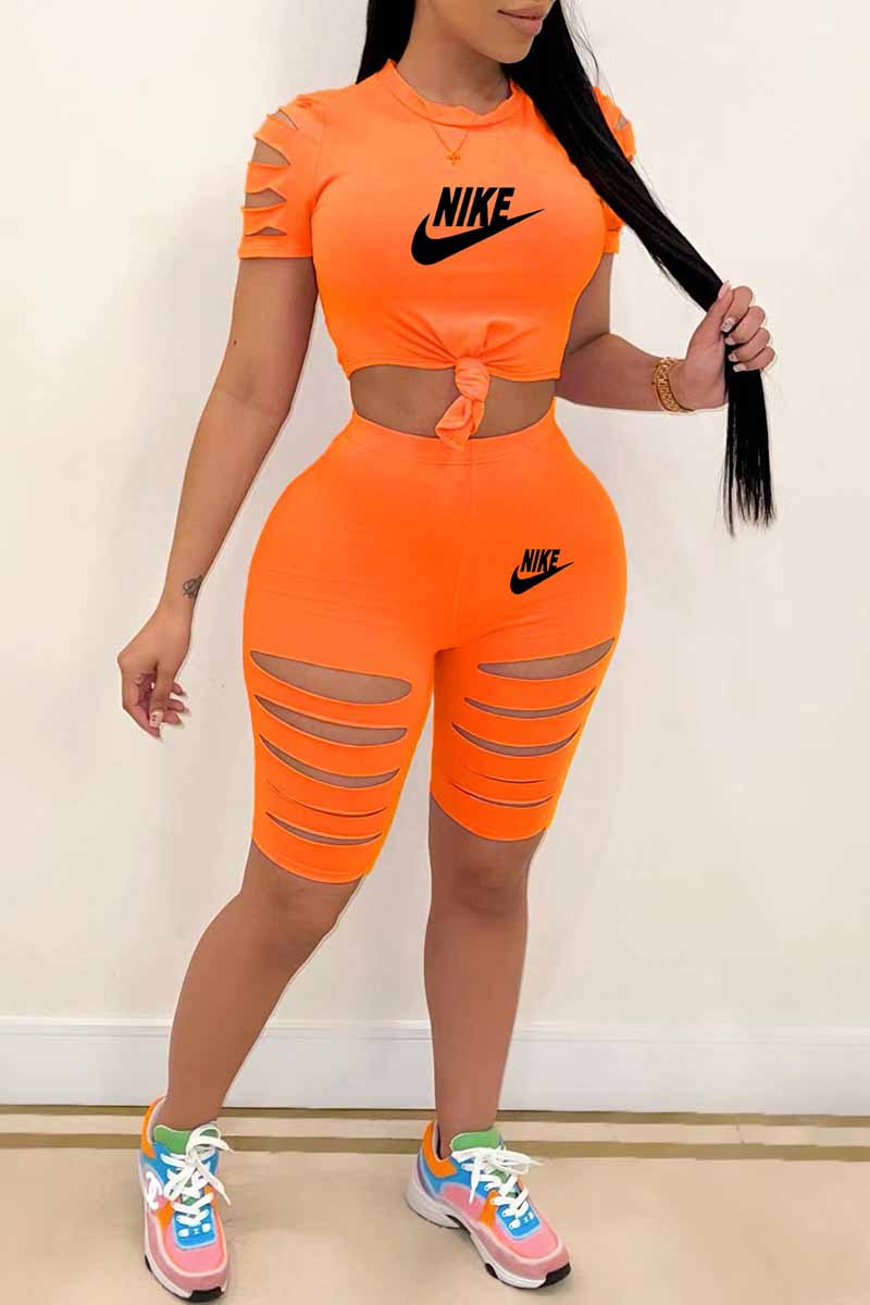 

Orange Casual Print Ripped Letter O Neck Short Sleeve Two Pieces