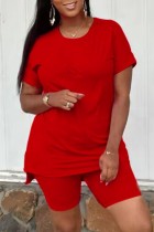 Red Casual Solid Slit O Neck Short Sleeve Two Pieces T-shirt Tops And Short Set