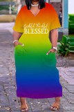 Letter Print Rainbow Casual Print Basic V Neck Short Sleeve T-shirt Loose Midi Dresses