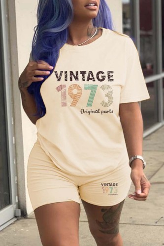 Khaki Casual Print Basic O Neck Short Sleeve Two Pieces