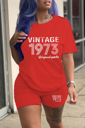 Red Casual Print Basic O Neck Short Sleeve Two Pieces