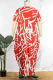 Rose Red Casual Print Basic O Neck Short Sleeve Dress Plus Size Dresses