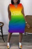 Multicolor Rainbow Casual Gradual Change Ombre Print Basic V Neck Sleeveless Tank Mini Dresses