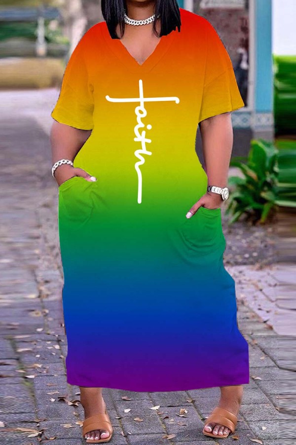 Colour Rainbow Casual Print Basic V Neck Short Sleeve T-shirt Loose Midi Dresses