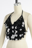 Noir Sexy Casual Patchwork Bandage Paillettes Backless Halter Tops