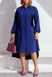 Синее повседневное платье-рубашка с отложным воротником и пайетками в стиле пэчворк