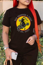 Zwart T-shirt met doodskop en patchwork met ronde hals