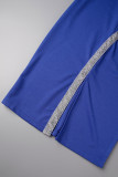 Königsblaue, lässige, solide Patchwork-Bleistiftrock-Kleider mit Schlitz und O-Ausschnitt