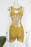 Желтые сексуальные однотонные облегающие комбинезоны с открытой спиной и круглым вырезом в стиле пэчворк