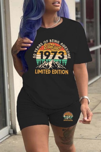 Black Casual Print Basic O Neck Short Sleeve Two Pieces